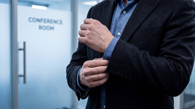 Businessman adjusts his sleeve cuff before entering a conference room.