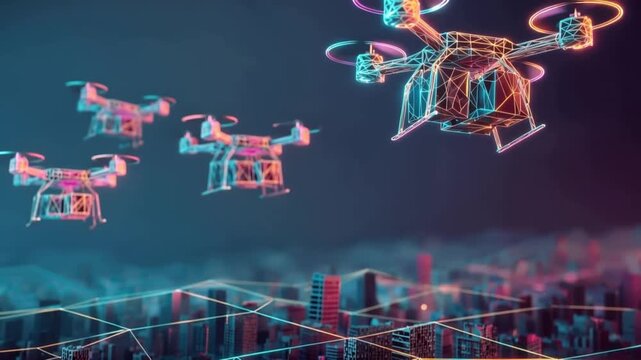 A fleet of futuristic drones navigates a glowing cityscape at dusk, representing advanced technology and modern urban surveillance. ..Created with Generative AI, not depicting real subjects.