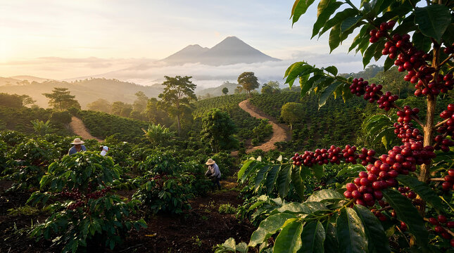 Ripe coffee berries in foreground of mountain plantation.