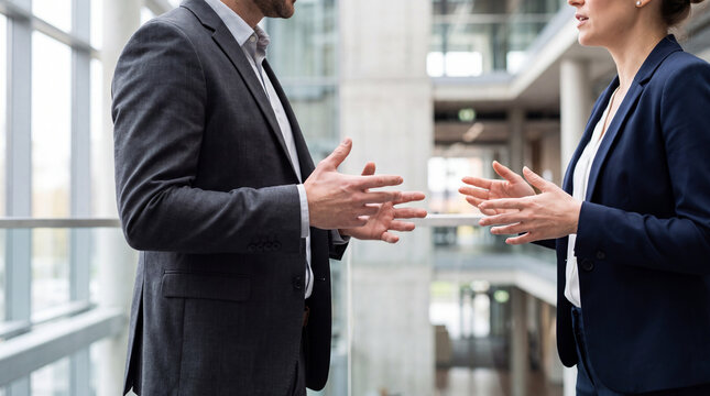 Dynamic discussion between two professional business people, both actively gesturing with their hands during.