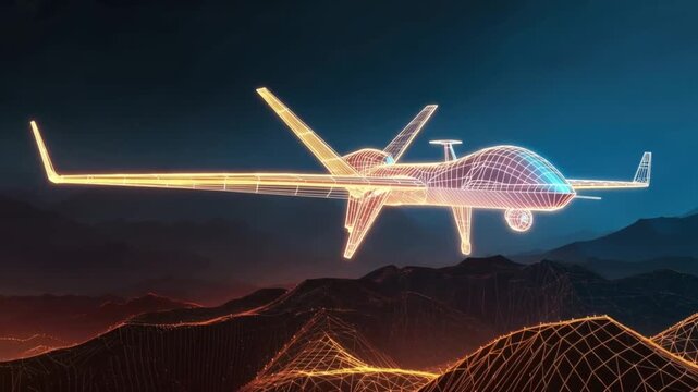 A futuristic drone rendered in a wireframe design hovers above a digitally rendered landscape. ..Created with Generative AI, not depicting real subjects.