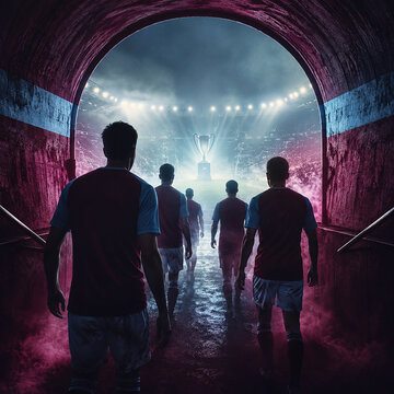 Football Players Walking from a Tunnel Toward a Stadium Trophy