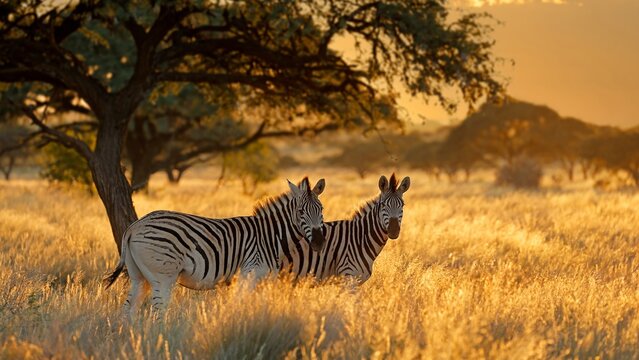 View of two zebras standing in the tall golden grass of Mokala National Park during the warm light of golden hour in Modderrivier, Northern Cape, South Africa.