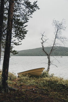 Utsjoki, Lapland, Finland - 25 August 2025: View of a small wooden boat resting on the mossy shore of a lake surrounded by pine trees and birch trees under an overcast sky.