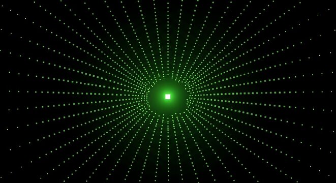 Glowing green square dots forming a circular burst on black background