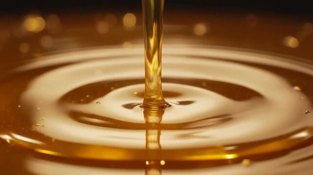 Extreme slow motion macro shot of a single thick honey stream hitting a surface and spreading slowly, detailed ripple effect, golden reflections, cinematic studio lighting