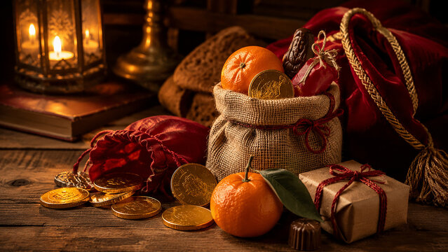 Saint Nicholas Sack with Oranges, Gifts and Coins