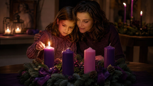 Mother and Daughter Lighting Purple Advent Candles