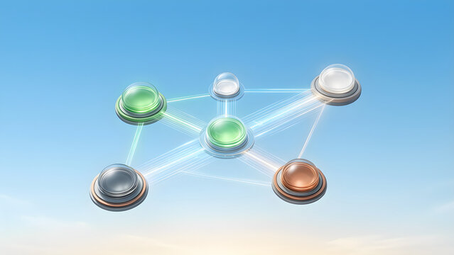 Five distinct energy nodes connected by one adaptive bidirectional grid with clear separation for clean energy, electrification, grid modernization and climate-investment campaign