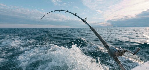 Fototapeta premium A vibrant fishing rod bending over ocean waves, highlighting the thrill of offshore fishing and water adventure.
