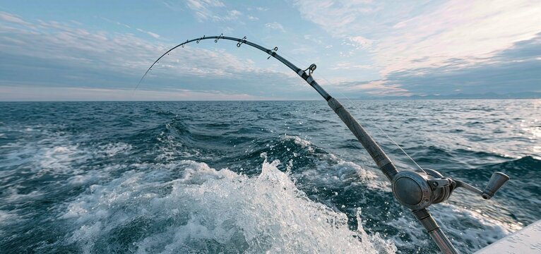 A vibrant fishing rod bending over ocean waves, highlighting the thrill of offshore fishing and water adventure.