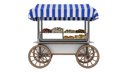 Food cart with blue and white striped awning and wooden wheels © Lysander