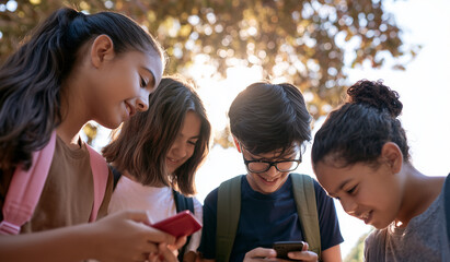 Fototapeta premium Teenagers Using Smartphones on a Park Bench