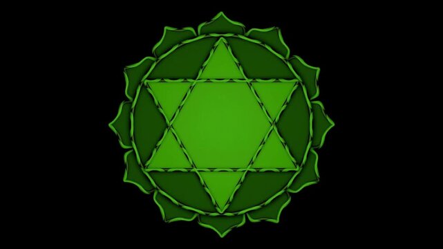 Anahata heart chakra symbol with rotating green mandala and six pointed star for meditation video background.