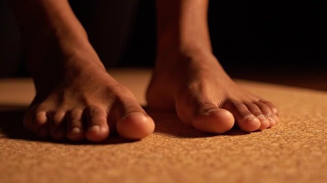 Close-up of bare feet positioned on a cork floor, showcasing the gradual shift in foot placement and posture in a dimly lit indoor setting
