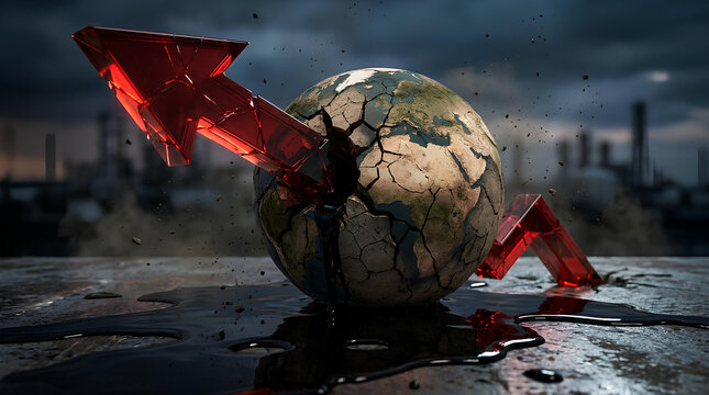 Red arrow crashing through cracked earth globe.