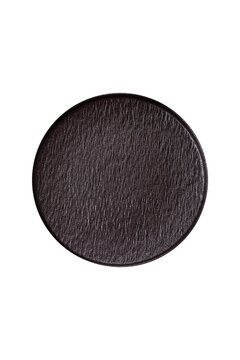 An empty round ceramic plate on a dark, textured brown background. An empty round plate