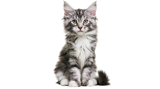 Maine Coon kitten sitting fluffy grey tabby fur, white chest and paws