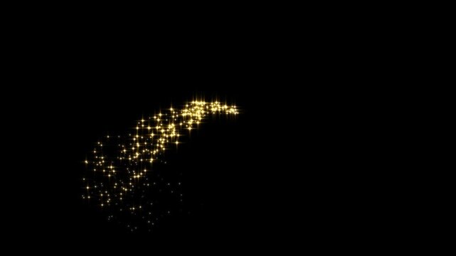 Glittering golden star lines with glowing dust trail animation. Sparkling starry line effect, luxury white glitter sparkles, magic light stars line overlay on solid dark black background 4k