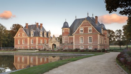 Naklejka premium Historic brick mansion with towering spire in evening light.