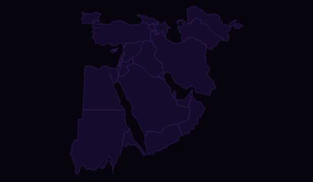 Minimalist outline map of the middle east region, featuring simplified borders of countries in the middle east, vector illustration on a dark background