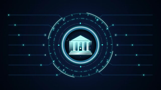 Futuristic digital bank icon with glowing circular interface
