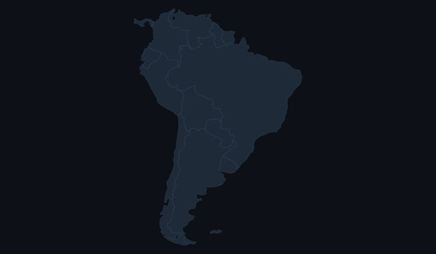 South america political map with country borders dark blue continent silhouette on a dark background