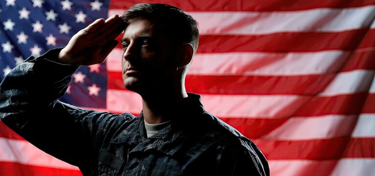 A soldier&rsquo;s silhouette saluting in front of a vivid flag, symbolizing honor and patriotism on a special holiday.