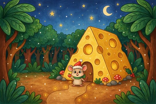 Kids' Crayon-Style book cover page: a little mouse wearing a Santa hat stands in front of his cheesy house in the night jungle.