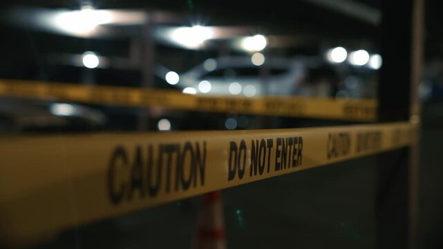 Yellow restriction tape with do not enter text cordoning parking area at night showing closed territory access control and safety measures in illuminated parking lot