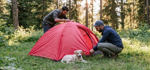 Obraz premium In a sunlit forest clearing, a vibrant red tent is assembled by two men while a white puppy relaxes nearby.