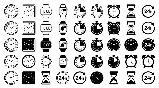 Various black and white clock and time icons set collection