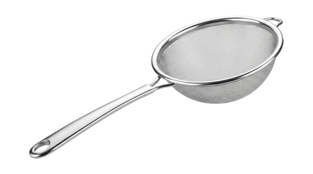 Stainless steel mesh strainer with long handle, professional kitchen colander for sifting flour, silver metal food sieve for cooking isolated PNG with Transparent Background