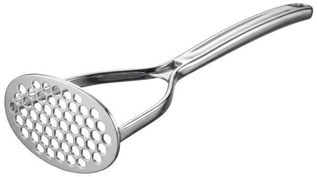 Stainless steel potato masher, professional kitchen utensil for mashing vegetables, durable metal food press for home cooking isolated PNG with Transparent Background