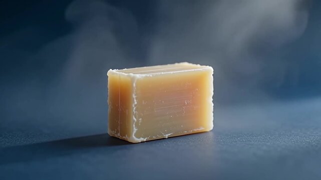 Block of ski wax on a smooth navy backdrop with light traveling across it, showcasing gradual changes in texture and surface reflections