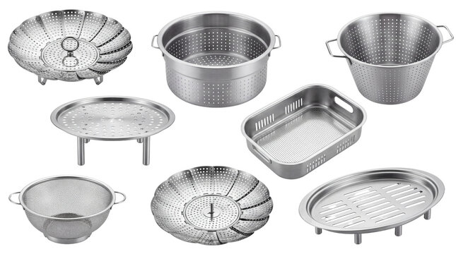 Stainless steel steamer basket set, professional metal kitchen colander collection, silver cooking inserts and strainers isolated PNG with Transparent Background