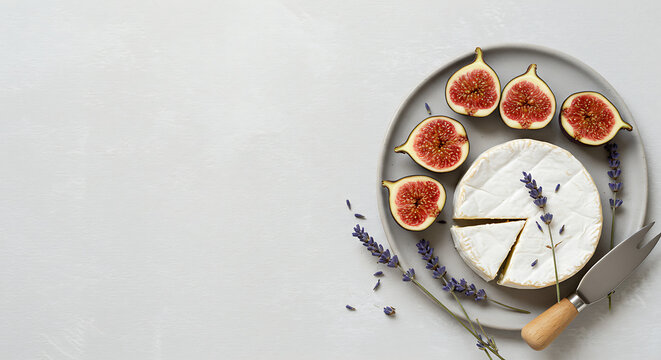 Sliced Camembert Cheese and Ripe Fig Halves with Lavender on Ceramic Plate