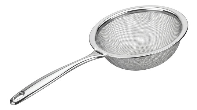 Stainless steel fine mesh strainer, professional kitchen sieve with handle, metallic culinary sifter for cooking and baking isolated PNG with Transparent Background