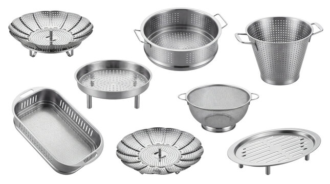 Stainless steel steamer basket set, professional metal kitchen colanders and strainers, industrial steam cooking inserts isolated PNG with Transparent Background