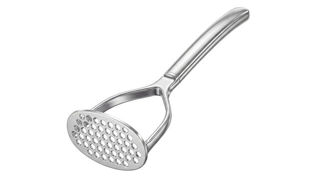 Stainless steel potato masher, professional kitchen tool for mashing vegetables, durable metal food press for home cooking isolated PNG with Transparent Background
