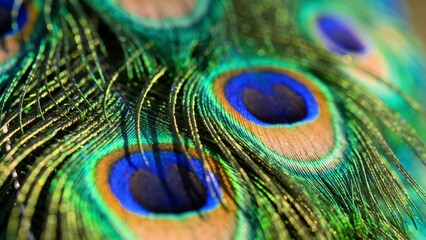 Fototapeta premium Macro Close Up of Peacock Feathers Displaying Vibrant Green and Blue Iridescent Eyespot Texture