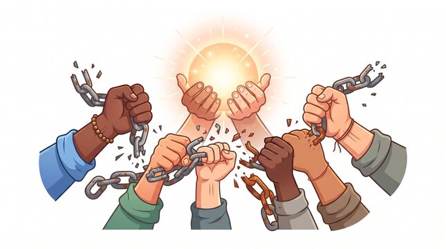 Diverse hands breaking metal chains with a glowing light