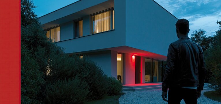A modern house lit by dusk with a triggered security alarm and caution signs, highlighting home safety and alertness.