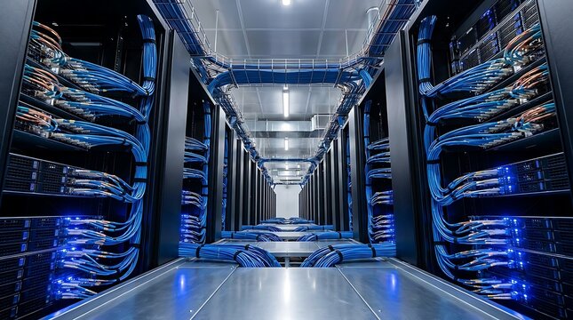 High Capacity Data Center Server Room Corridor with Organized Network Infrastructure and Blue LED Illuminations