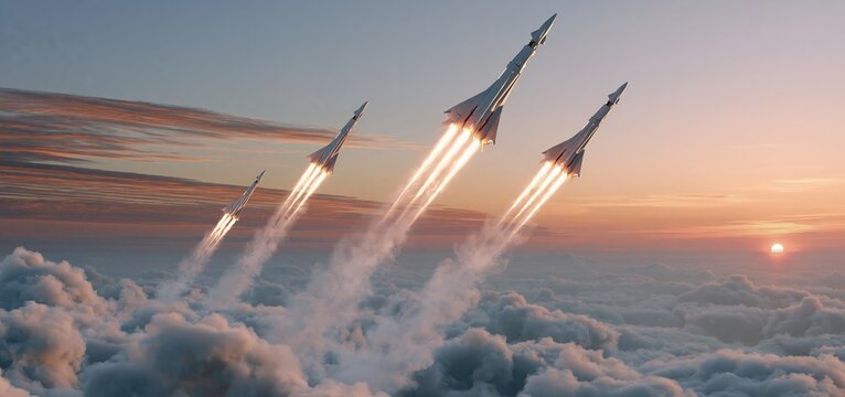 A fleet of futuristic rockets launches into a colorful sunset sky with layered clouds, representing technological progress.