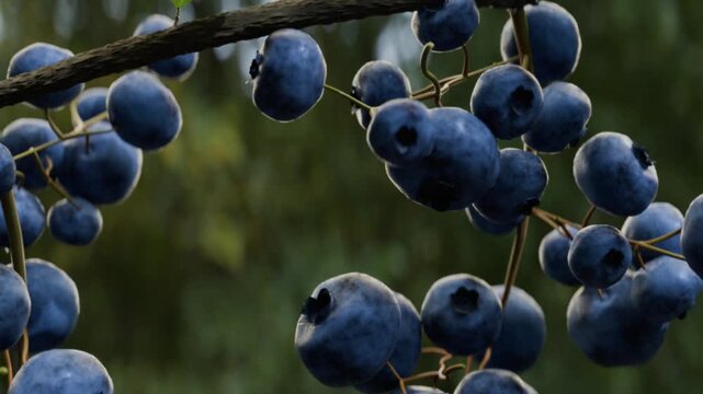 Realistic 4K 3D animation showing blueberries growing from initial flower blossom to fully ripe fruit. Detailed time lapse transformation process for agricultural, nutrition, and food visuals.