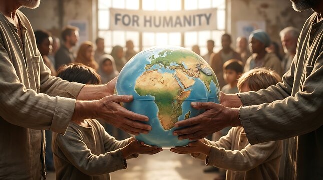 Diverse hands holding planet Earth globe together under banner for humanity representing global unity, peace, and community support