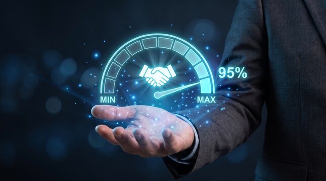 Businessman holding holographic partnership gauge with 95 percent with executive holding glowing gauge handshake icon suited executive blue partnership