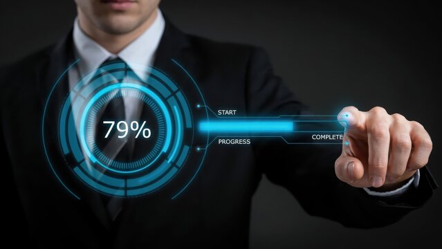 Businessman interacting with a futuristic digital interface showing progress at seventy nine percent