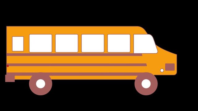 Animated yellow school bus driving on black background